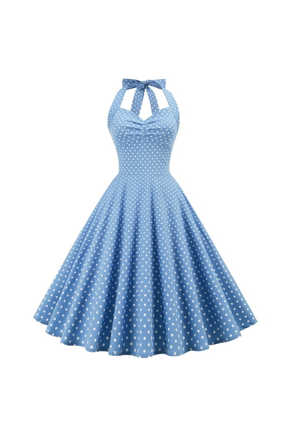 Women's 50s 60s Vintage Dress Halter Polka Dot Cocktail Corset Dress Prom Tea Party Wedding A Line Swing Dress for Women Light Blue XXL