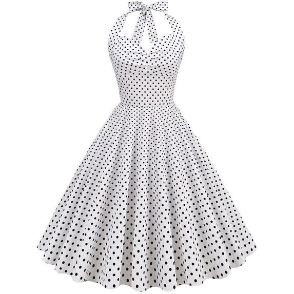 XFLWAM Women's 50s 60s Vintage Dress Halter Polka Dot Cocktail Corset Dress Prom Tea Party Wedding A Line Swing Dress for Women White XL