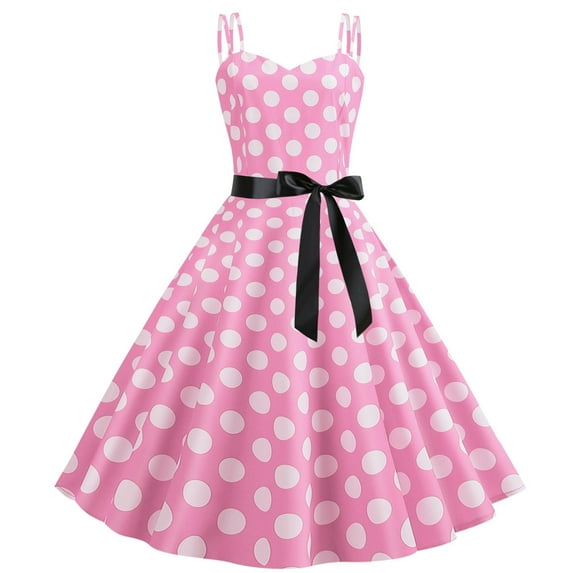 XFLWAM Women's 50s Vintage Polka Dot Cocktail Swing Dress Bow Tie Waist 1950s A-Line Swing Rockabilly Audrey Hepburn Prom Tea Party Dress