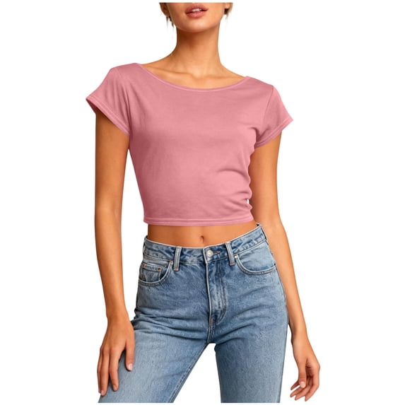 XFLWAM Women's Backless Drape Tops Crew Neck Short Sleeve T Shirts Open Back Slim Fit Going Out Workout Yoga Gym Shirts