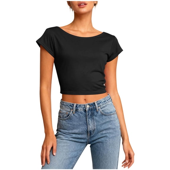 XFLWAM Women's Backless Drape Tops Crew Neck Short Sleeve T Shirts Open Back Slim Fit Going Out Workout Yoga Gym Shirts