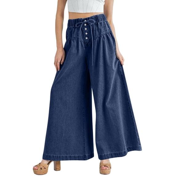 XFLWAM Women's Baggy Wide Leg Denim Pants Drawstring High Waisted Pleated Button Flare Jeans Casual Loose Fit Trousers