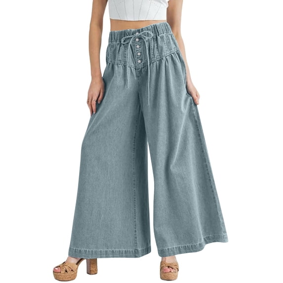 XFLWAM Women's Baggy Wide Leg Denim Pants Drawstring High Waisted Pleated Button Flare Jeans Casual Loose Fit Trousers