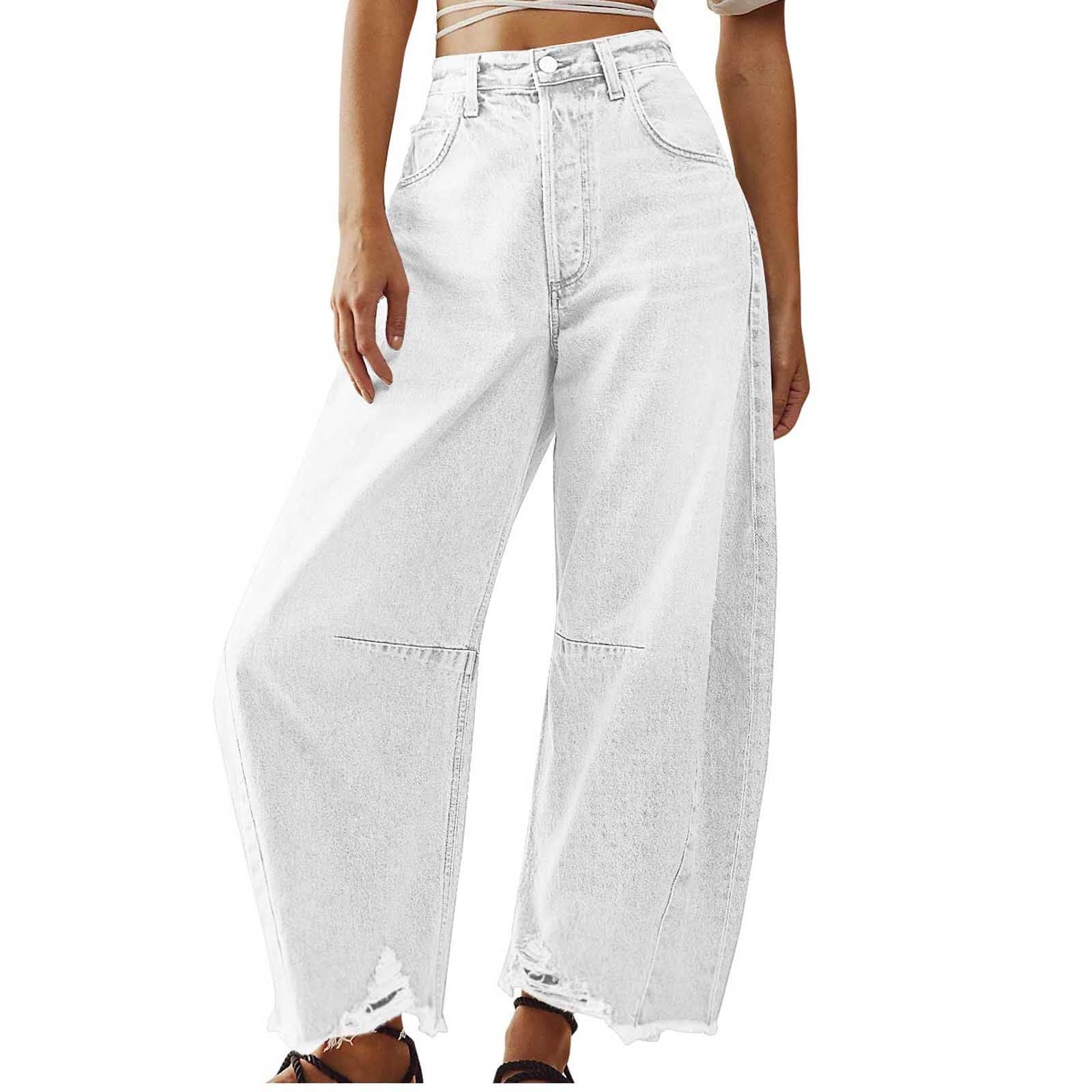 JEANS★PUCKET SHOES★BRIGHT WHITE XFLWAM Women's Baggy Wide Leg Jeans Barrel Horseshoe