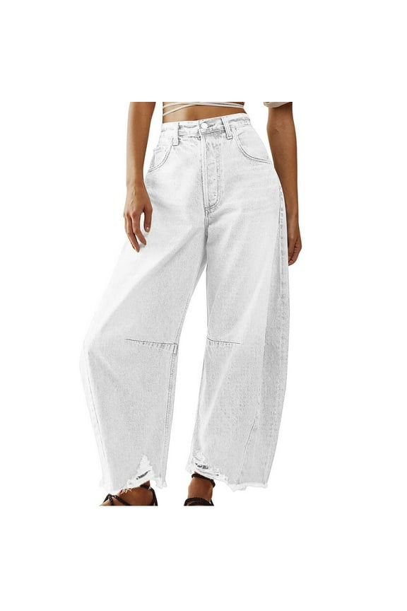 Women's Baggy Wide Leg Jeans Barrel Horseshoe Boyfriend Cropped Raw Hem Denim Pants White S