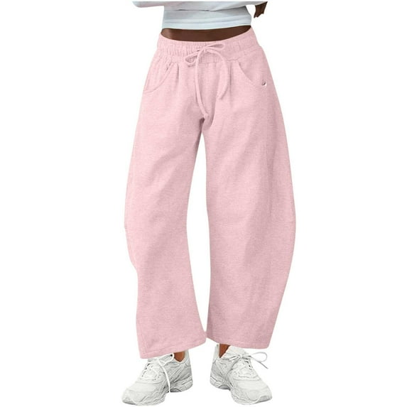 XFLWAM Women's Barrel Leg Sweatpant Drawstring Elastic Waisted Wide Leg Lounge Pants Baggy Casual Cotton Sweatpants Trousers with Pockets Pink M