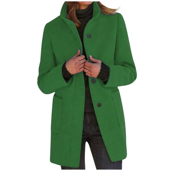 XFLWAM Women's Basic Stand Collar Slim Fit Jacket Coat Lapel Button Down Solid Color Wool Coat Trench Coat with Pockets Green XL