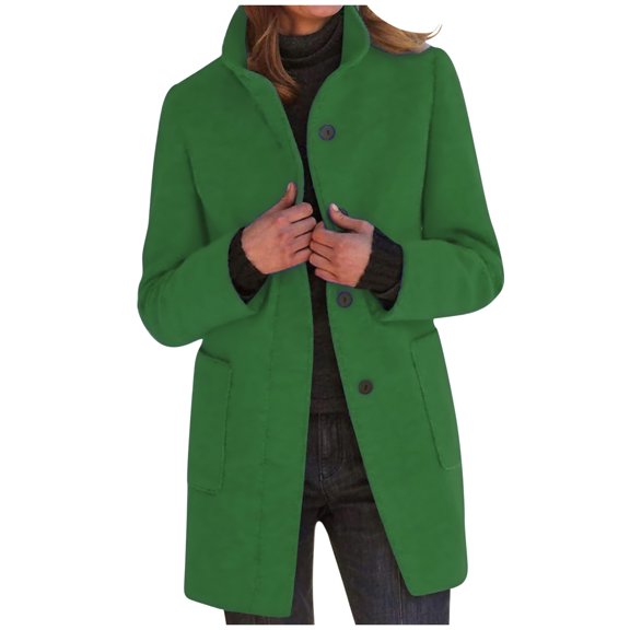 XFLWAM Women's Basic Stand Collar Slim Fit Jacket Coat Lapel Button Down Solid Color Wool Coat Trench Coat with Pockets Green XXXL