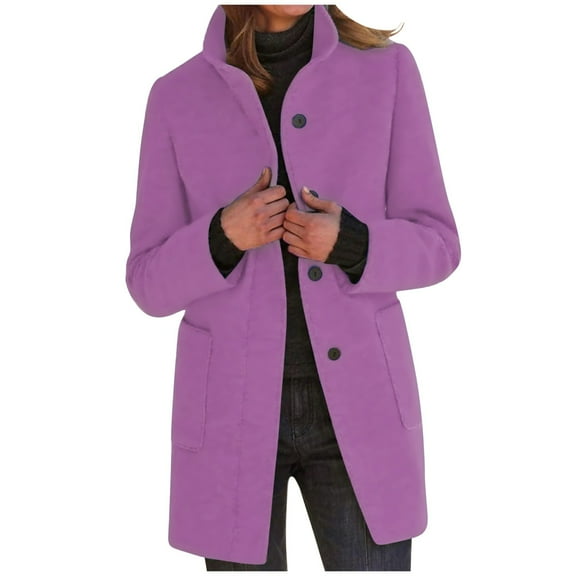 XFLWAM Women's Basic Stand Collar Slim Fit Jacket Coat Lapel Button Down Solid Color Wool Coat Trench Coat with Pockets Purple XXL