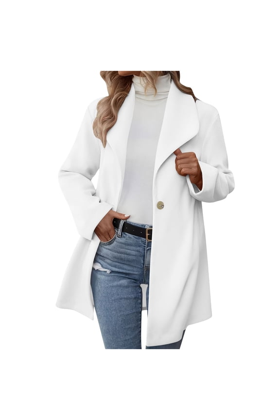Women's Blazer Jackets Notched Lapel Single Breasted Trench Coat Casual Fall Winter Slim Fit Pea Coats Outwear with Pockets White S