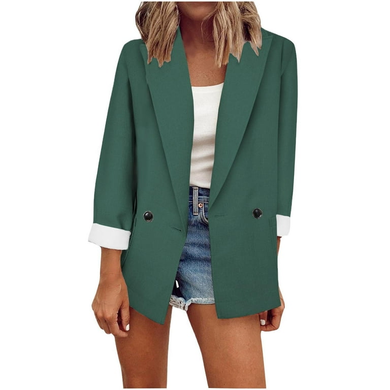 XFLWAM Women s Blazer Long Sleeve Work Office Suit Jacket Coat Solid Color Suit Lapel Blazer Jackets Green XS