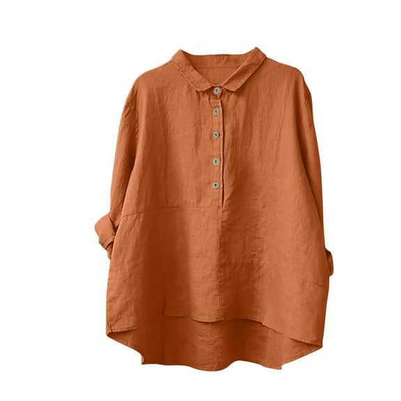 XFLWAM Women's Blouse Solid Color Long Sleeve Shirt Button V Neck Shirts Casual Fall Pullover Tees Loose Fit Tunic Tops Orange S