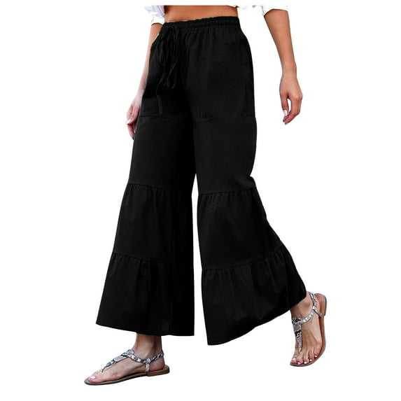XFLWAM Women's Boho Elastic High Waisted Ruffle Hem Wide Leg Palazzo Pants Baggy Drawstring Trousers Black XL