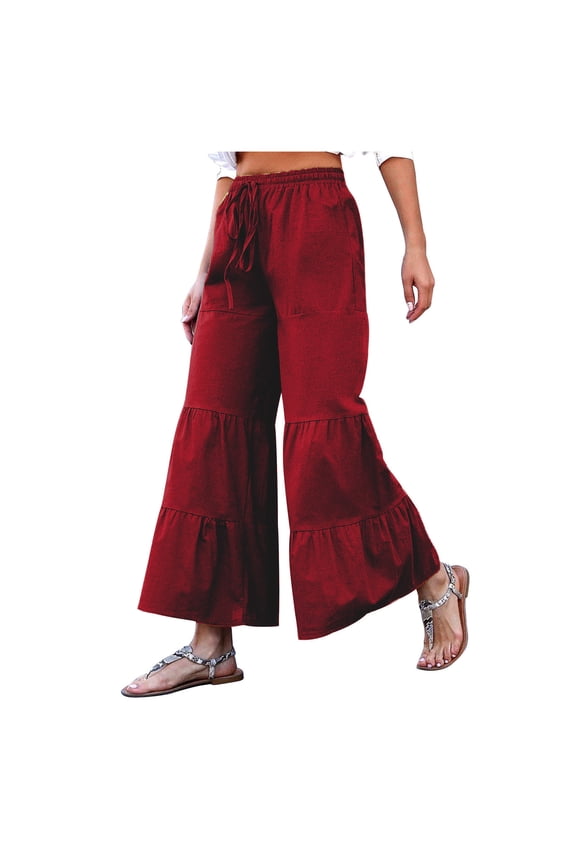 Women's Boho Elastic High Waisted Ruffle Hem Wide Leg Palazzo Pants Baggy Drawstring Trousers Wine Red S