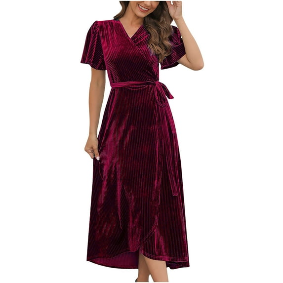 XFLWAM Women's Boho V Neck Ruffle Floral Wrap Maxi Dress Velvet Long Sleeve Bridesmaid Wedding Dresses Long Flowy Party Evening Dress Red L