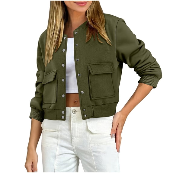 XFLWAM Women's Bomber Jacket Long Sleeve Button Down Stand Collar Varsity Jacket Lightweight Fall Winter Coats with Flap Pocket