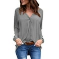 thumbnail image 1 of XFLWAM Women's Business Casual Tops Fall V Neck Pleated Blouses Solid Color Long Sleeve Button Down Shirts Gray S, 1 of 6