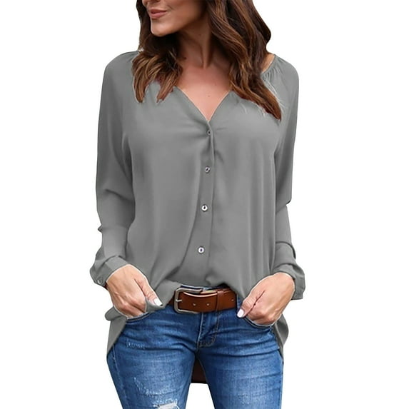 XFLWAM Women's Business Casual Tops Fall V Neck Pleated Blouses Solid Color Long Sleeve Button Down Shirts Gray S
