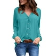 thumbnail image 1 of XFLWAM Women's Business Casual Tops Fall V Neck Pleated Blouses Solid Color Long Sleeve Button Down Shirts Mint Green XL, 1 of 6