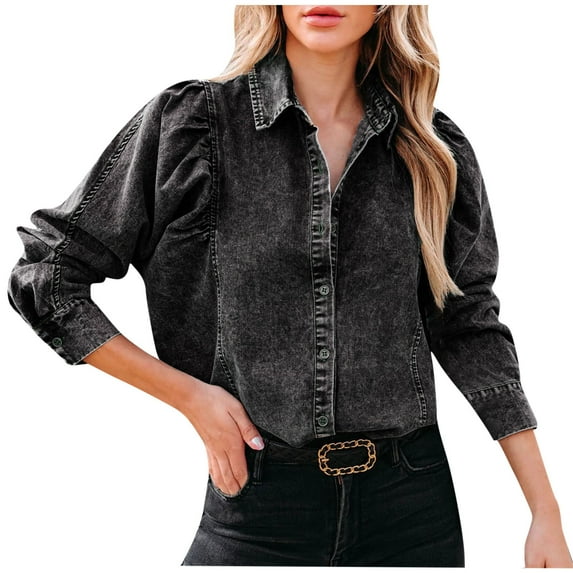 XFLWAM Women's Button Down Denim Shirt Collared Casual Puff Long Sleeve Pocket Tops Gray M
