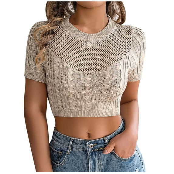 XFLWAM Women's Cable Knit Crop Tops Short Sleeve Crew Neck Knit Sweater Solid Color Casual Slim Fit Hollow Out Sweaters