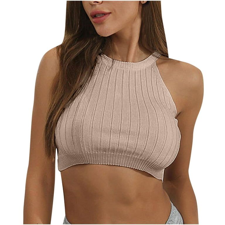 XFLWAM Women's Cable Knit Cut Out Halter Crop Top Tie Back Sleeveless Cami Tank  Tops Brown XL 