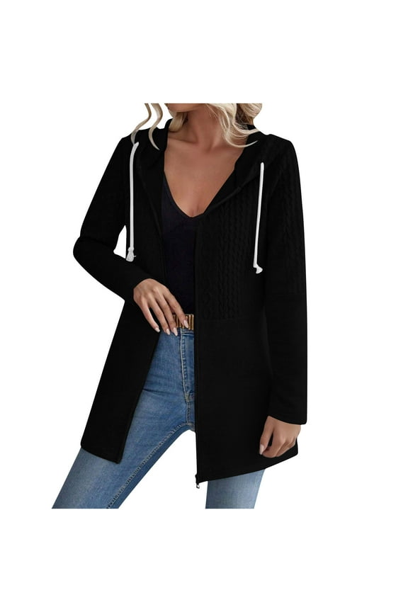 Women's Cable Knitted Zip Up Jackets Long Sleeve Drawstring Hoodies Jackets Fall Winter CoatsWarm Outerwear
