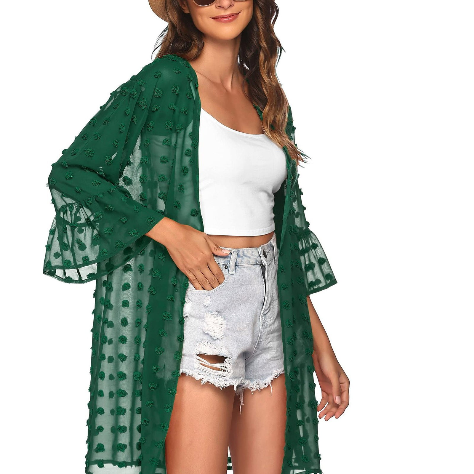 XFLWAM Women's Cardigan Swiss Dot Ruffle Sleeve Sheer Mesh Kimono Cardigans Swimsuit Summer