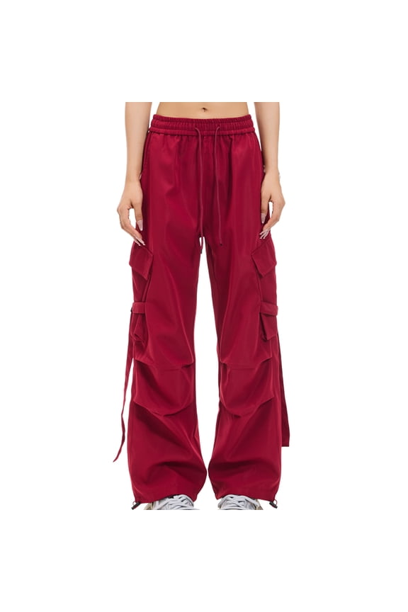 Women's Cargo Pants Drawstring Elastic Waist Wide Leg Ruched Parachute Pants Streetwear Casual Baggy Jogger Trousers with Pockets