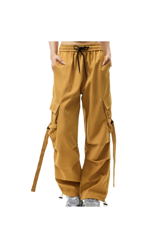 Women's Cargo Pants Drawstring Elastic Waist Wide Leg Ruched Parachute Pants Streetwear Casual Baggy Jogger Trousers with Pockets