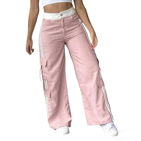 XFLWAM Women's Cargo Pants Side Striped High Waist Wide Leg Sweatpants Athletic Workout Track Pants Streetwear with Pockets Pink M