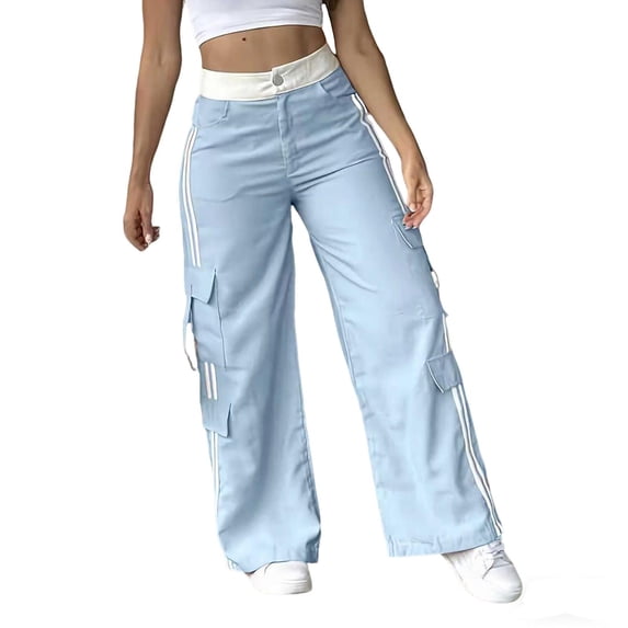 XFLWAM Women's Cargo Pants Side Striped High Waist Wide Leg Sweatpants Athletic Workout Track Pants Streetwear with Pockets Sky Blue XXL