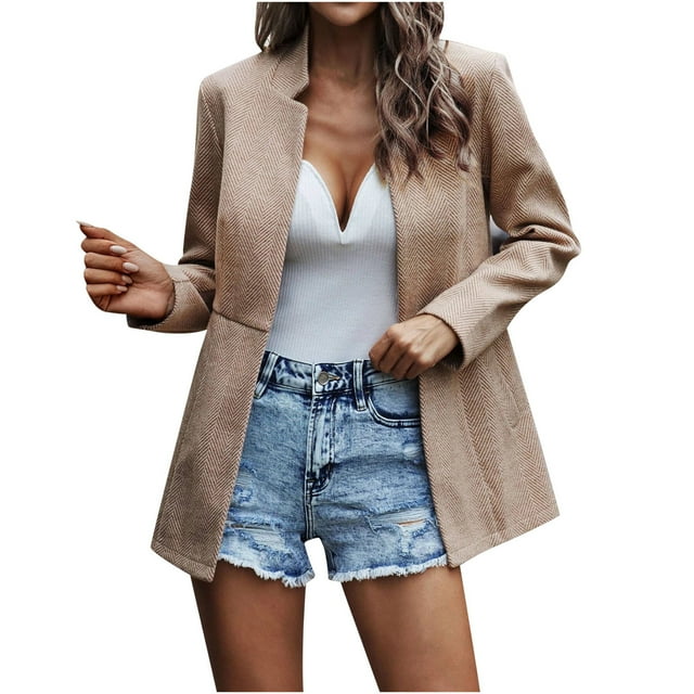 Xflwam Womens Casual Business Open Front Long Sleeve Notch Lapel Office Blazer Jacket Khaki S 8790