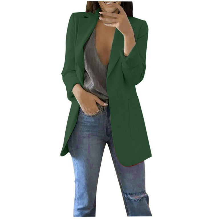 XFLWAM Women s Casual Button Blazer Office Work Long Sleeve Suit Jackets Solid Color with Pockets Outwear Dark Green 4XL