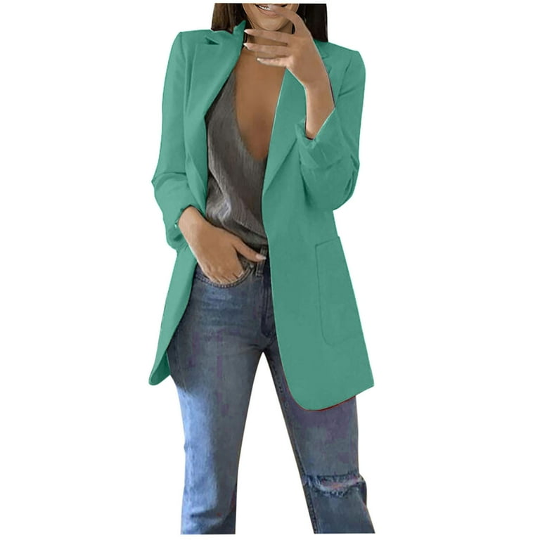 XFLWAM Women s Casual Button Blazer Office Work Long Sleeve Suit Jackets Solid Color with Pockets Outwear Light Green XXL