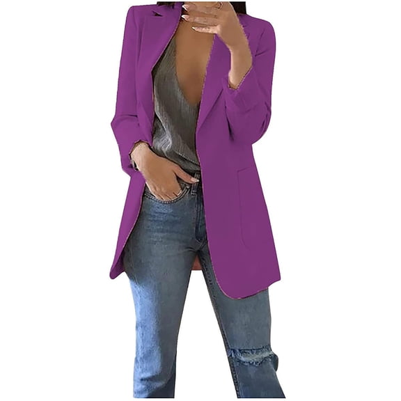 XFLWAM Women's Casual Button Blazer Office Work Long Sleeve Suit Jackets Solid Color with Pockets Outwear Purple M