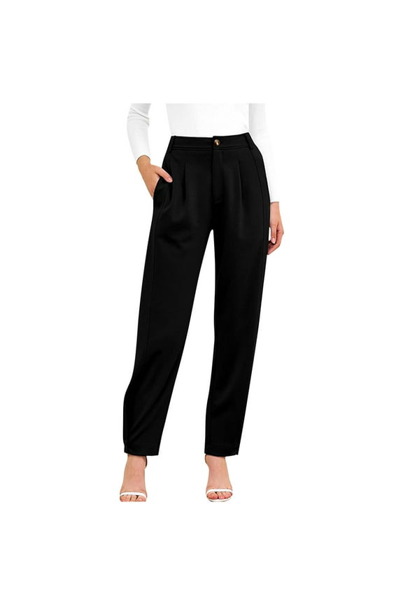 Women's Casual Button Down Pants Elastic High Waist Business Work Trousers Long Straight Leg Slacks with Pockets Black S