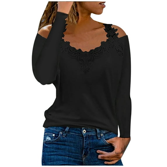 XFLWAM Women's Casual Cold Shoulder Tops V-Neck Lace Hollowed Out Long Sleeve Shirts Loose Comfy Tees Black M