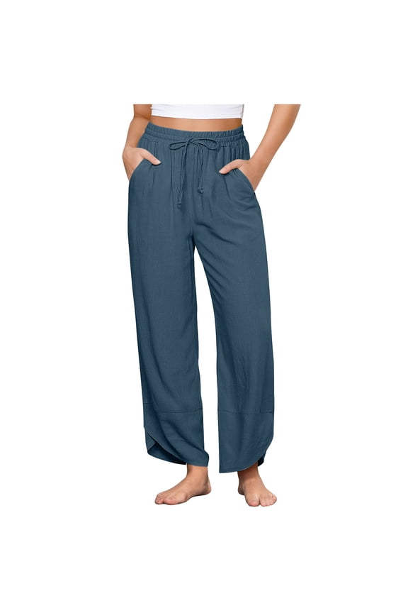 Women's Casual Cotton And Linen Solid Color Elastic Waist Pocket High Waisted Drawstring Pants With Split Legs