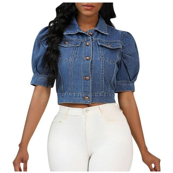 XFLWAM Women's Casual Denim Coats Puff Sleeve Frayed Jackets Button Down Cropped Denim Jean Jacket with Pockets Dark Blue 3XL