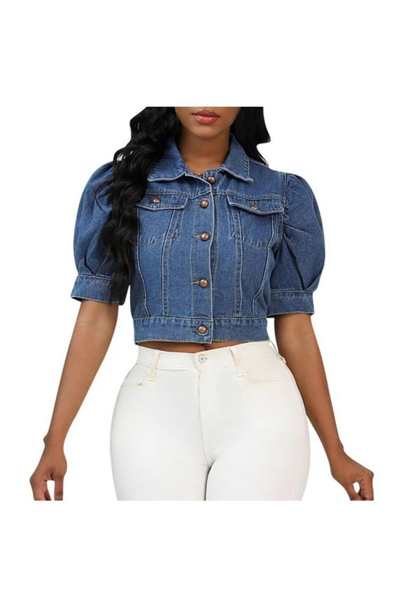 Women's Casual Denim Coats Puff Sleeve Frayed Jackets Button Down Cropped Denim Jean Jacket with Pockets Dark Blue 3XL