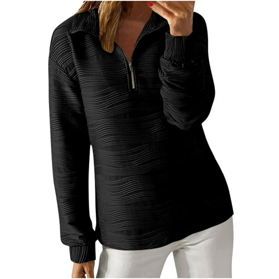 XFLWAM Women's Casual Half Zip Shirts Long Sleeve Pullover Shirts Solid Color Textured Tunic Tops Fall Quarter Zip Sweatshirts L