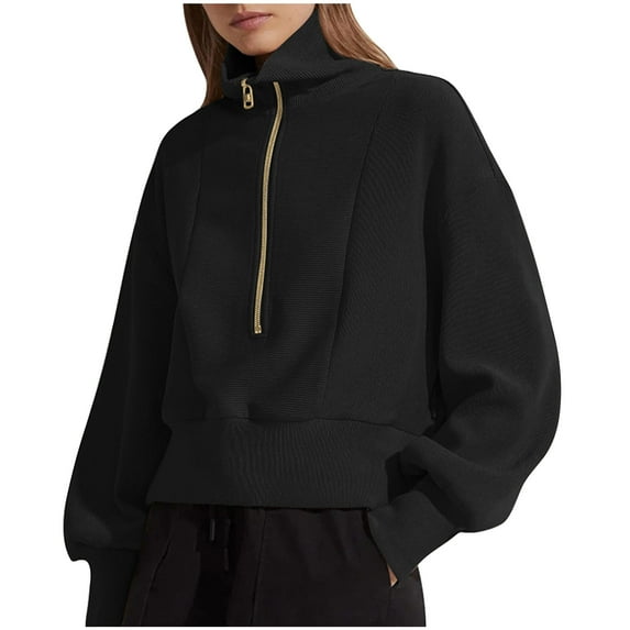 XFLWAM Women's Casual Half Zip Sweatshirts Long Sleeve Solid Color Cropped Pullover Jackets Fall Solid Color Coats L