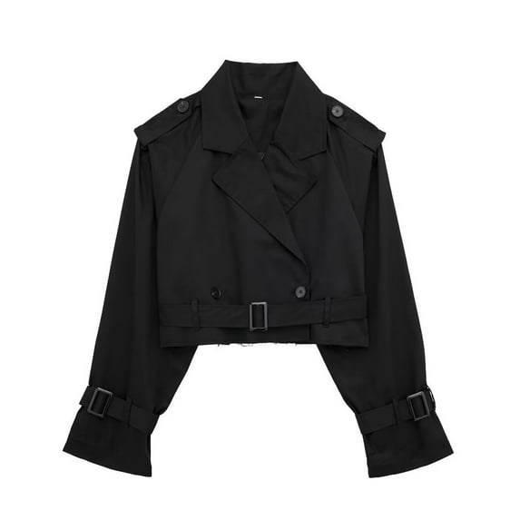 XFLWAM Women's Casual Lapel Double Breasted Trench Jacket Cropped Pea Coat Outwear with Belt Black S