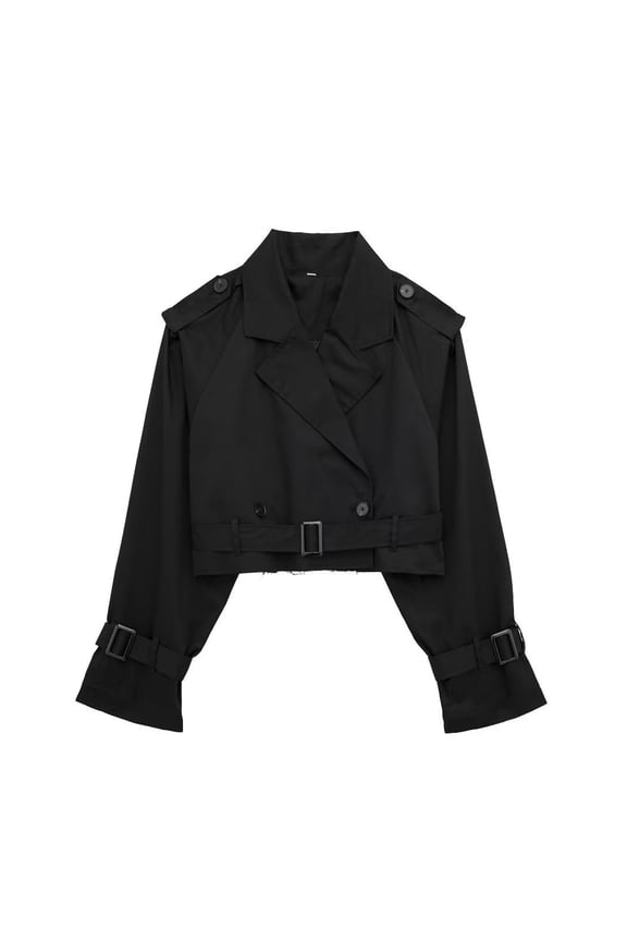 Women's Casual Lapel Double Breasted Trench Jacket Cropped Pea Coat Outwear with Belt Black XS