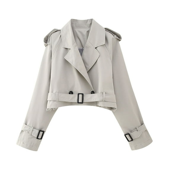 XFLWAM Women's Casual Lapel Double Breasted Trench Jacket Cropped Pea Coat Outwear with Belt Gray XS