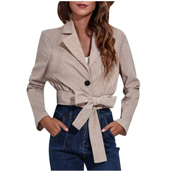 XFLWAM Women's Casual Lapel Double Breasted Trench Jacket Cropped Pea Coat Outwear with Belt Khaki S