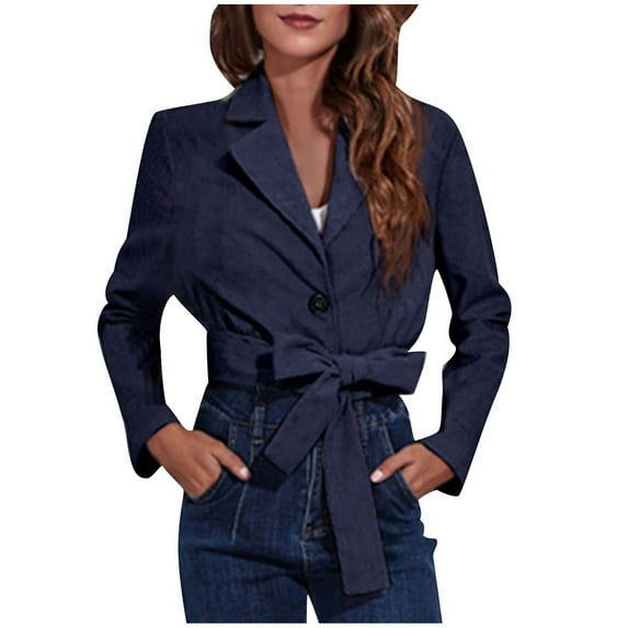 XFLWAM Women's Casual Lapel Double Breasted Trench Jacket Cropped Pea Coat Outwear with Belt Navy Blue XL