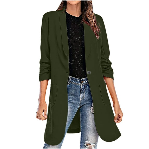 XFLWAM Women's Casual Long Blazers Long Sleeve Lapel Oversized Suit Jacket Elegant Work Office Blazer Jackets Army Green S