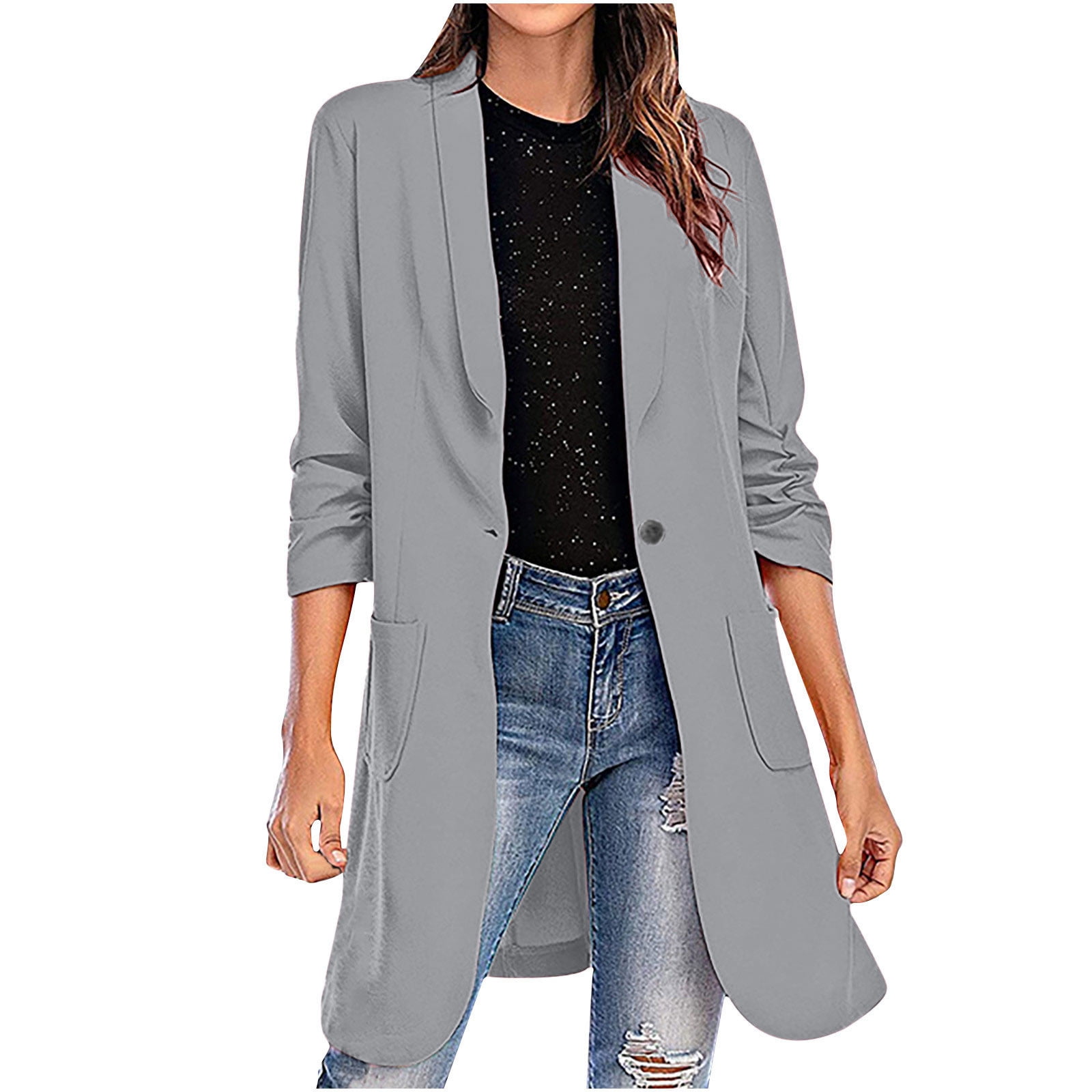 XFLWAM Women's Casual Long Blazers Long Sleeve Lapel Oversized Suit Jacket  Elegant Work Office Blazer Jackets Gray XXL